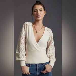 ANTHROPOLOGIE Lace Balloon Sleeve Cream Knit Faux Wrap Front Sweater Top Sz XS